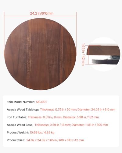 VEVOR 24 in Wood Lazy Susan Turntable, 360° Rotation Round Clear Tabletop Rotating Tray, Acacia Wood Dining Table Center