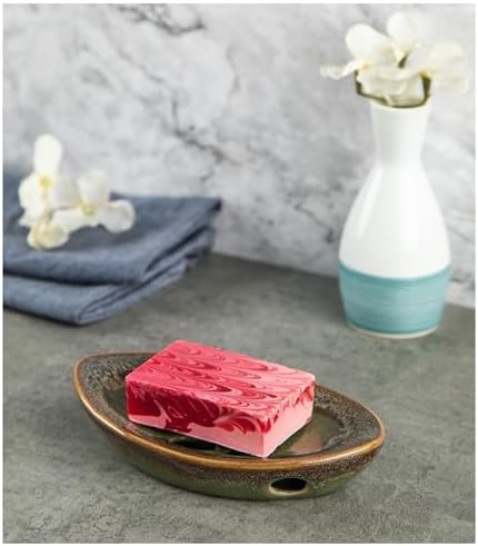 Ceramic Soap Dish with Self Draining Tray for Bar Soap, Bathroom, Kitchen (Green No.3)