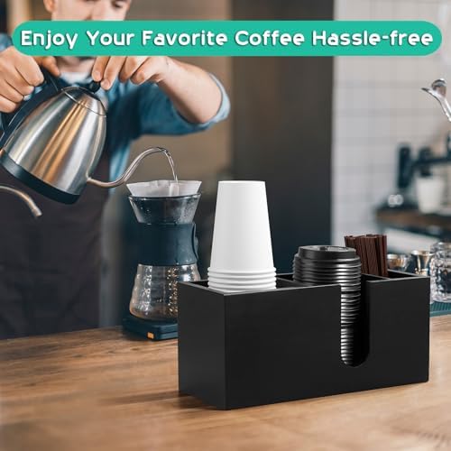 ALELION Large Black Coffee Cup Organizer for Disposable Cups, Lids and Stir Sticks - 3-Compartment Countertop Cup Holder