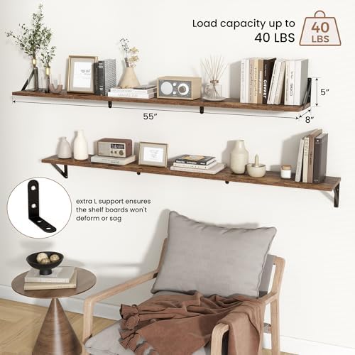 Axeman 55 Inch Floating Shelves, 8 Inch Deep Brown Wall Shelves Set of 2