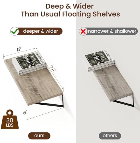 Axeman 12 Inch Deep Floating Shelves for Wall - 24 Inch Wide x 12 Inch Deep Wall Shelves Set of 2 - Rustic Grey Wood Flo