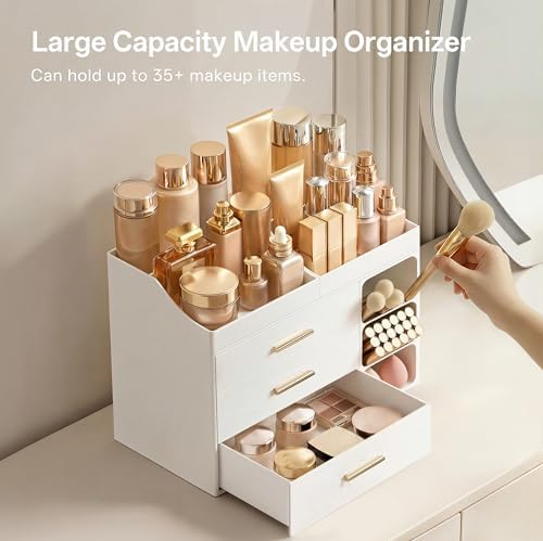HBlife Makeup Organizer Countertop with Brush Holder,Large Bathroom Counter Organizer with Drawers,Skincare Organizers f