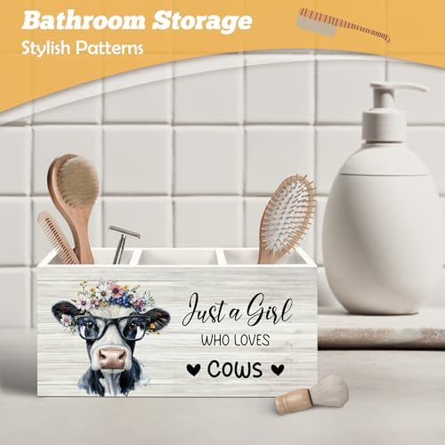 Cow Inspirational Pen Holder Organizer for Desk Accessories, Just a Girl Who Loves Cows Farmhouse Wooden Box Sign Desk Decorations for Home Classroom Dorm Office Tabletop Decor