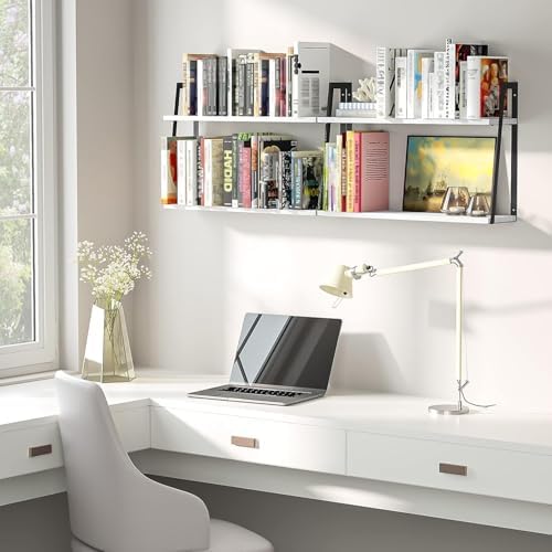 SRIWATANA White 2-Tier Floating Wall Shelves, Rustic Wood Storage Shelf Set