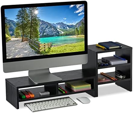 Relaxdays Monitor Stand with Shelves, 2 Parts, Organiser, Laptop Shelf for Desk, Desk Riser, Office, Black, 1 Piece