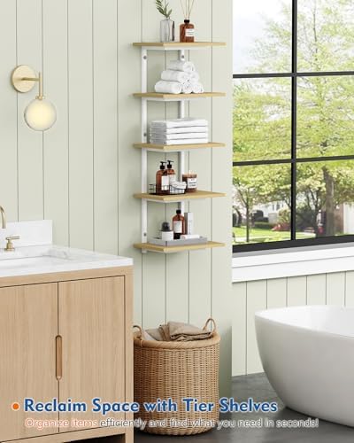 Harwaya White and Natural Tiered Wall Shelf Unit, 5 Tier Display Floating Shelves, Deep Hanging Wall Shelving Unit for L