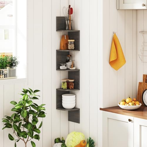 Giantex Corner Shelf Wall Mounted, 5-Tier Floating Corner Bookshelf, Home Storage Organizer, Wooden Display Stand Rack f