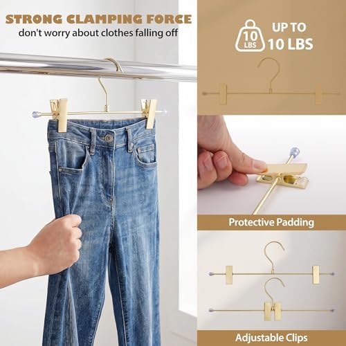 16 Pack Pants Hangers with Clips, 12.2 Inch Slim Metal Clothes Hangers with 360° Swivel Hooks, Heavy Duty Space Saving Closet Hangers for Jeans, Slacks, Shorts, Skirt (Gold)