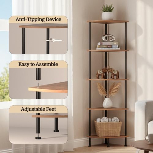 5-Tier Corner Shelf Stand, 52" Industrial Corner Display Rack for Living Room, Bookshelf, Tall Display Shelf, Plant Stan