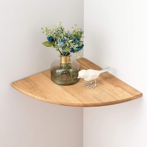 Corner Shelf, 12inch Solid Oak Wood Floating Corner Shelves Wall Mount Round End Floating Speaker Shelf with Wire Hole f