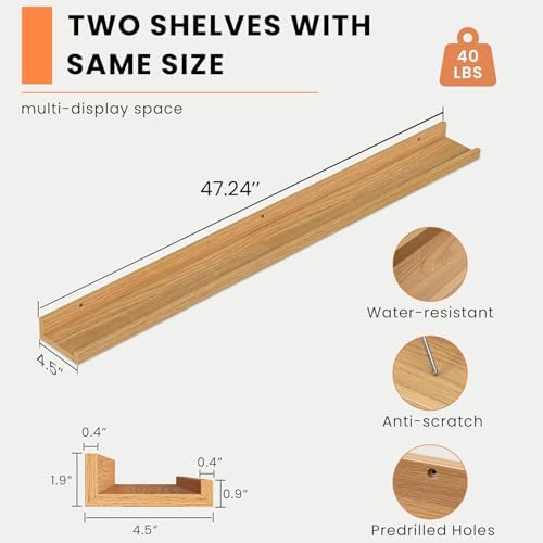 Heimlove Picture Ledge Shelf, Floating Shelves Set of 2, 56 Inches Picture Shelf for Wall with Ledge, Kids Bookshelf Wall Mounted for Living Room Bedroom Decor Books Photo Frames, Natural Oak