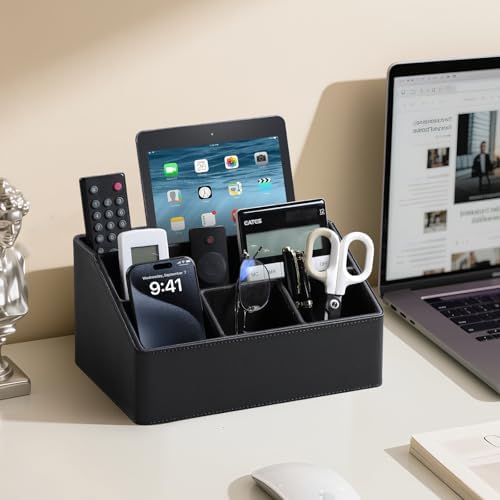 PU Leather Desk Organizer, Remote Control Holder, Black