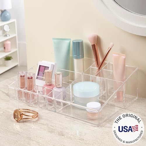 STORi Audrey Clear Vanity Makeup Organizer | 15-Compartment Holder for Brushes, Eyeshadow Palettes, & Beauty Supplies | 