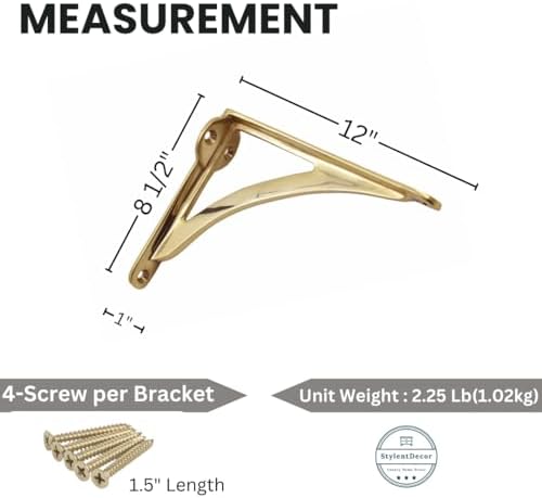 STYLENT Decor Decorative Brass Shelf Bracket, Heavy Duty and Antique Shelf Bracket for Shelving Modern L Shaped Design (
