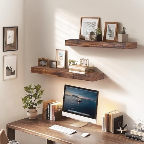 Floating Shelves, 24 Inch Wall Mounted Shelves, Set of 2, Brown