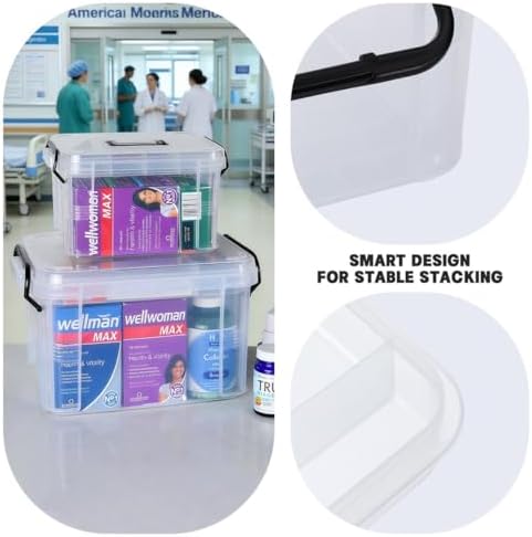 Set of 2 Medicine Organizer - Plastic Storage Box with Handle Clear