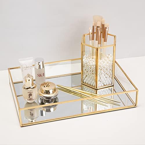 Lyellfe 2 Pack Perfume Trays, Decorative Gold Mirror Tray