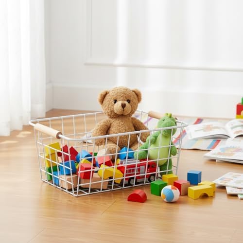 Metal White Wire Basket,Food Storage Organizer with Wooden Handles, pantry organizers and storage for Organizing Kitchen