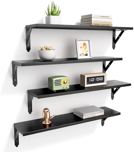 ROMGUAR CRAFT Wood Wall Floating Shelves Set of 4, 23.6" x 6" - Black