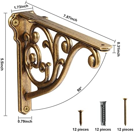 Shelf Brackets 8 Inch 4PCS Heavy Duty Antique Brass Wall Bracket Baroque Kitchen Decorative Rack Shelves。 (4,Antique Eng