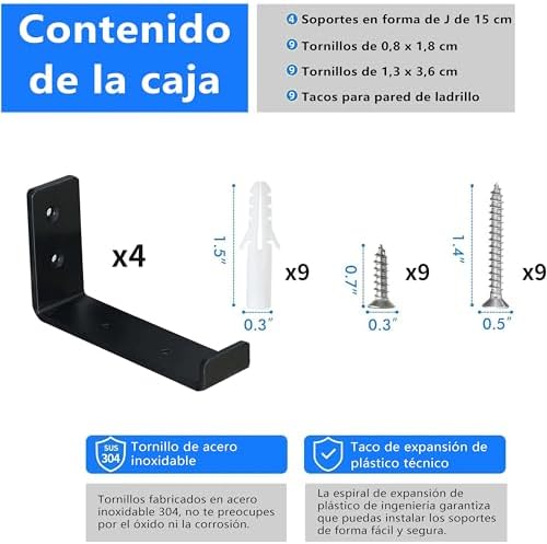 HEART ART Black Shelf Bracket 6 inch, J Metal Heavy Duty Shelf Support Brackets 4 Pack,6.3" L×4.8" H×1.2" W
