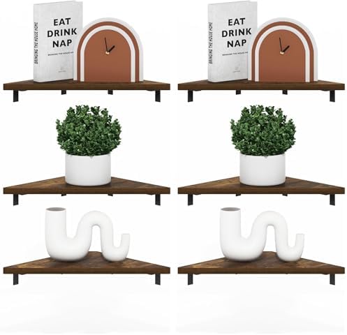 Furinno Rossi Triangle Corner Floating Shelves, Wall Mount Display Shelf, Amber Pine, Set of 3 (Pack of 2)