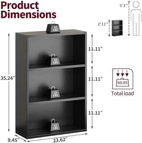 Book Shelf,3-Tier Bookshelf Storage Shelves, 35 Inch Bookcase