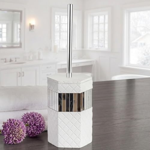 Creative Scents Quilted Mirror Bathroom Toilet Brush Set - White Toilet Bowl Brush and Holder - Good Grip Toilet Bowl Cl