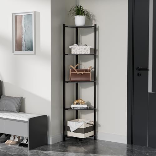 Wisuce Bamboo Tall Corner Shelf Stand, 5-Tier Black Corner Bookshelf
