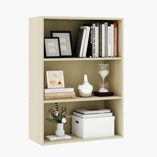 Wood Standing Book Shelf, Three Tier Open Shelf Bookcase, Wide Bookshelf for Living Room, Office, Bedroom, Milky White