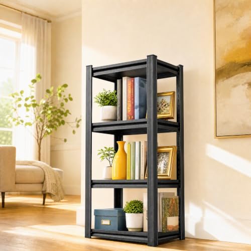 4 Tier Bookshelf Black Metal Book Shelf, Industrial Shelving Unit Storage Rack for Living Room Bedroom Office Kitchen, H