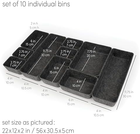 Three by Three Seattle Recycled Felt Storage Bins Set of 10 (Charcoal)