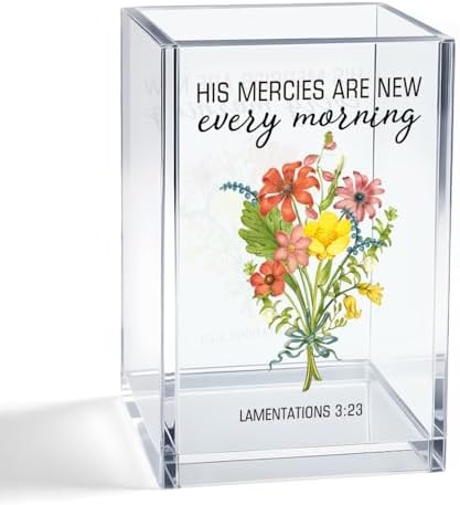 His Mercies Are New Every Morning Acrylic Cosmetic Pencil Pen Holder Cup, Religious Faith-Based Gifts for Christian Mom Grandma Aunt Daughter Women, Baptism Bible Verse Gifts for Coworker Boss