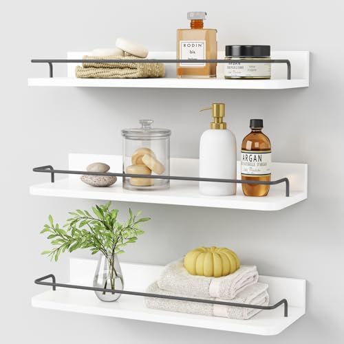 Forbena White Floating Shelves Bathroom Shelves Over Toilet Set of 3, Bathroom Organizers and Storage Shelves Wall Mount