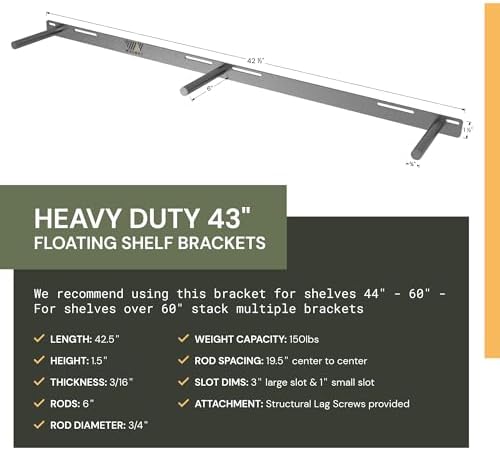 Floating Shelf Bracket - 43” Hidden Shelf Brackets, 150 LB Weight Capacity, for Shelves 43-60" Long, 3/4 Inch Industrial