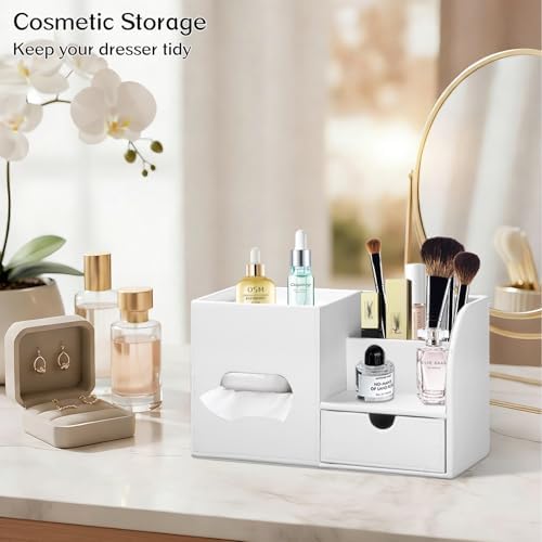 PU Leather Tissue Box Cover Square with Drawer Storage and Tray on Top
