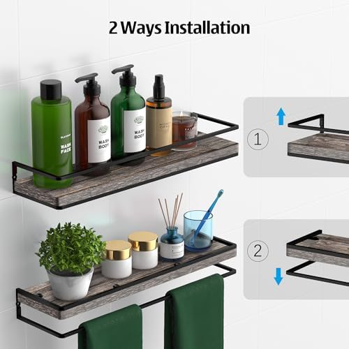Meangood Floating Shelves Wall Mounted Set of 2, Rustic Wood Wall Storage Shelves for Bedroom,Living Room,Bathroom, Kitc