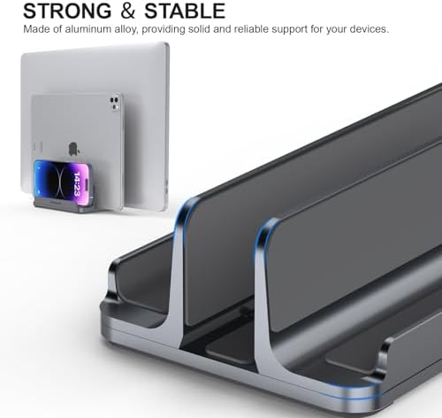 YICOSUN 3-Slot Aluminum Vertical Laptop Stand for Desk - Adjustable Width Dock for MacBook, Surface, Samsung, HP, Dell u