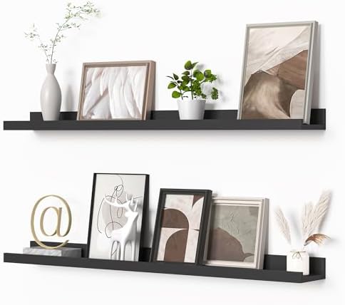 Heimlove Picture Ledge Shelf, Floating Shelves Set of 2, 36 Inches Picture Shelf for Wall with Ledge, Kids Bookshelf Wall Mounted for Living Room Bedroom Decor Books Photo Frames - Black
