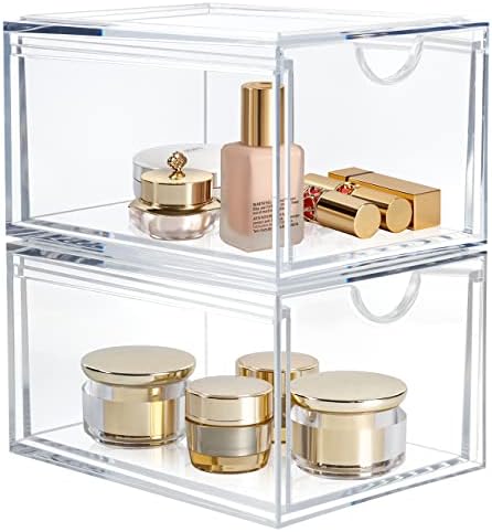 AMEITECH 2 Pack Clear Stackable Storage Drawer, Bathroom Makeup Organizer, Plastic Storage Bins, Acrylic Organization an