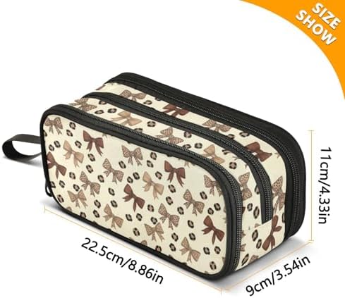 Wfrish Brown Leopard Bow Large Capacity Pencil Case, 3 Compartments Pen Pouch Organizer for School College Office, Zippers Big Pencil Bag for Teens Adults Girls Boys Makeup