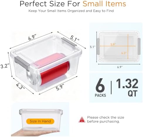 Citylife 6Packs 1.3Qt Small Storage Bins with Lids,Stackable Clear