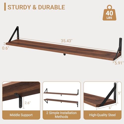 Heimlove Floating Shelves for Wall, 36 Inch Long Wood Floating Bookshelf Set of 3, Wall Mounted Hanging Shelf for Bathro