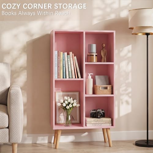 YAHARBO Small Light Pink Bookshelf,3 Tier Modern Kids Bookcase with Legs,5 Cube Wooden Bookshelves Storage Shelf,Book Sh