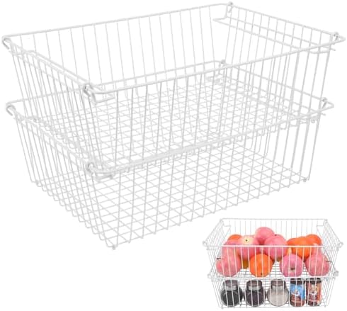Set of 2 Stackable XXL Wire Baskets For Pantry Storage and Organization -16x12in Large Metal Food Baskets -Vegetable,Fru