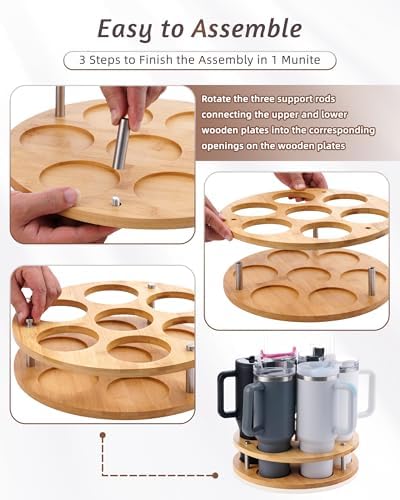 2Pack Rotating Wood Tumbler Organizer, 30 oz 40 oz Spinning Turnable Tumblers Holder, 360° Rotatable 7 Large Cups Bottle