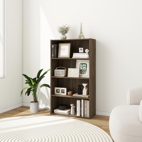 4-Tier Engineered Wood Bookshelf, Space Saving Bookshelf with 3 Shelves, 9 Inch Deep Bookcase with Storage, Book Shelves