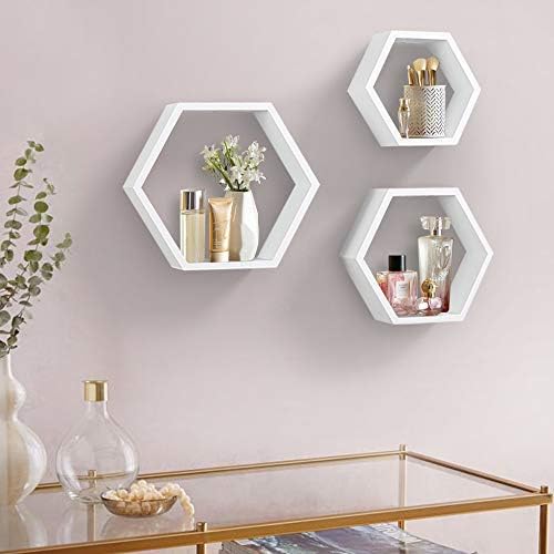 ROSE BLOOM Set of 3 White Wood Hexagon Shelves for Wall Decor - Farmhouse Honeycomb Shelves for Living Room Decor, Kitch