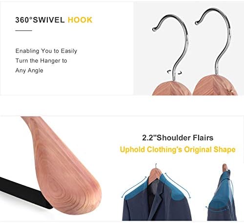 TOPIA HANGER Unfinished American Red Cedar Wood Coat Suit Hangers, Luxury Wooden Jacket Clothes Hangers, Wide Shoulder with Black Padded Pant Bar- 360°Flexible Hook, 4 Pack- Natural- CT07W