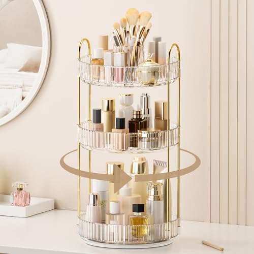 360° Rotating Makeup Organizer, Upgraded 3 Tier Skincare Perfume Organizers for Women, Bathroom Organizer Countertop, Cl